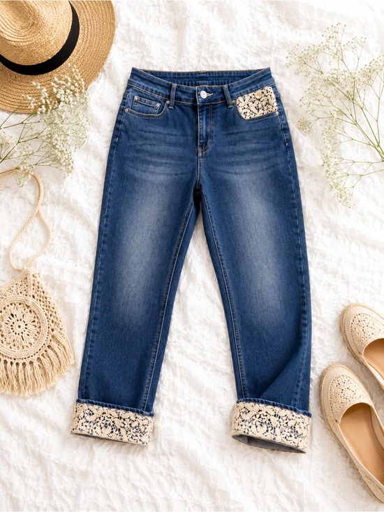 Hydraulic Denim - Hydraulic Cropped Jeans Size 14 Blue Denim Crochet Cuff Boho Stretch